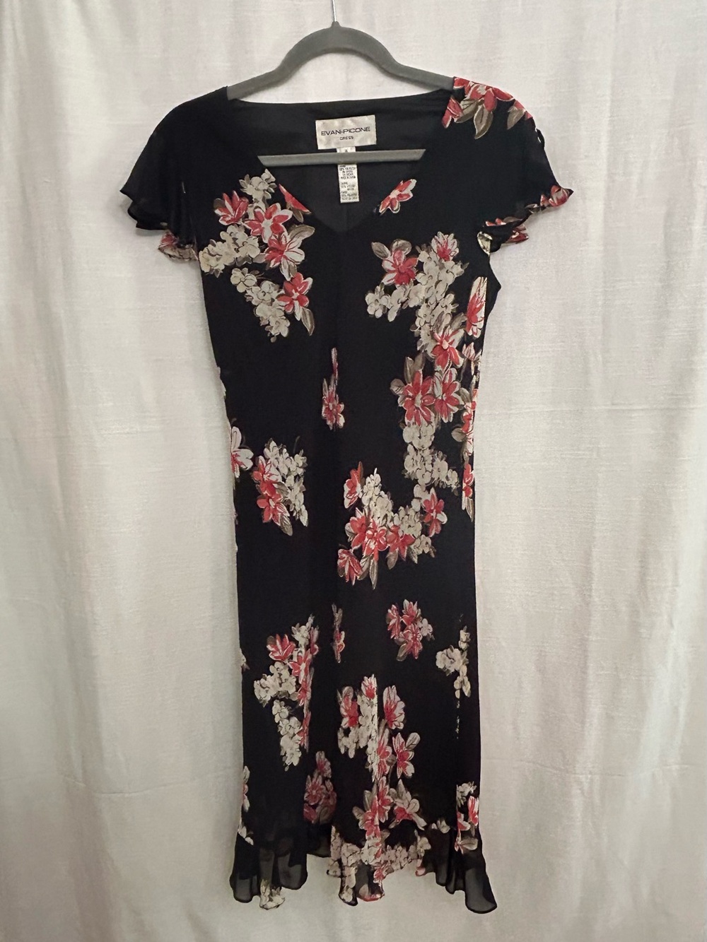 Vintage 90's Y2K Evan Picone Black Floral V-Neck‎ Midi Dress